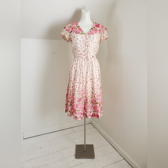 50s Vintage Nelly Don Pink & White Floral Tea Dress With Flat Collar - Picture 3 of 16